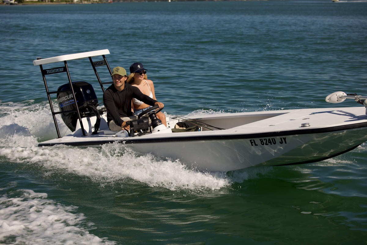 Two people on a boat in the water